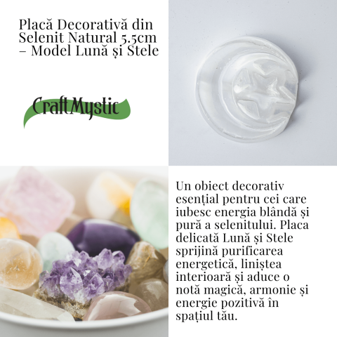 Placa Decorativa din Selenit Natural 5.5cm – Model Luna si Stele pentru Armonie si Claritate Energetica [2]