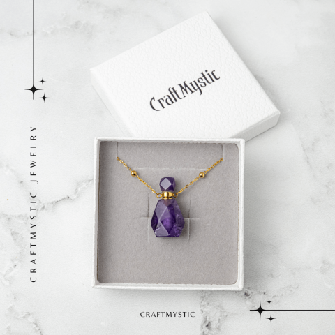 Claritate si Protectie – Colier Sticluta din Ametist Natural Fatetat, lant din Cupru Placat Auriu [6]