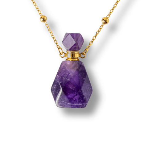 Protectie - Claritate si Protectie – Colier Sticluta din Ametist Natural Fatetat, lant din Cupru Placat Auriu