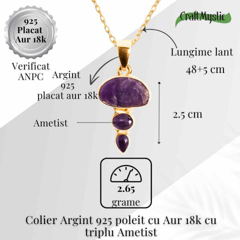 Calm Interior si Claritate Mentala – Colier inox si pandantiv argint 925 placat cu aur de18k si  Triplu Ametist [4]