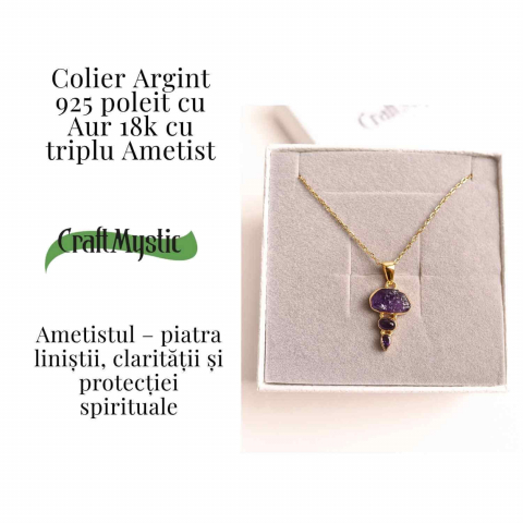 Calm Interior si Claritate Mentala – Colier inox si pandantiv argint 925 placat cu aur de18k si  Triplu Ametist [2]
