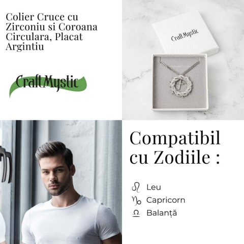 Protectie si Credinta – Colier Cruce cu Zirconiu si Coroana Circulara, Placat Argintiu [3]