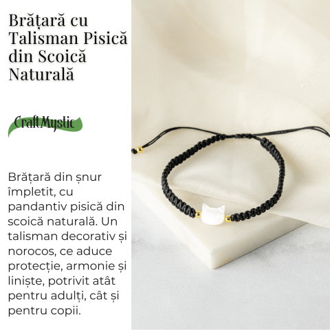 Energie Pozitiva si Puritate – Bratara cu Charm Pisica din Scoica Naturala Alba [2]