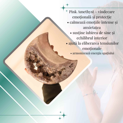 Semiluna decorativa din Pink Amethyst natural – piesa unicat sculptata manual, Brazilia [4]