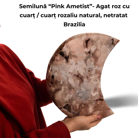 Semiluna Pink Amethyst – Agat roz natural cu cuart si calcedonie, piesa statement din Brazilia [3]