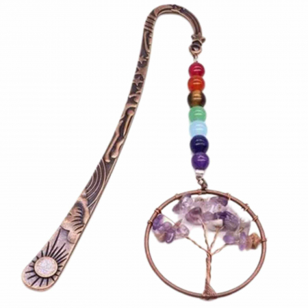 Cristale pentru zodii -  Semn de Carte cu Arborele Vietii si Cele 7 Chakre, Decorat cu Pietricele de Ametist - Un Cadou Spiritual Inedit