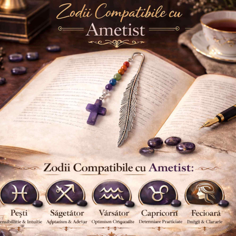 Semn de carte cu piatra naturala de Ametist, Cruce si 7 Chakre [2]