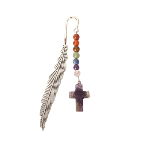 Varsator - Semn de carte cu piatra naturala de Ametist, Cruce si 7 Chakre