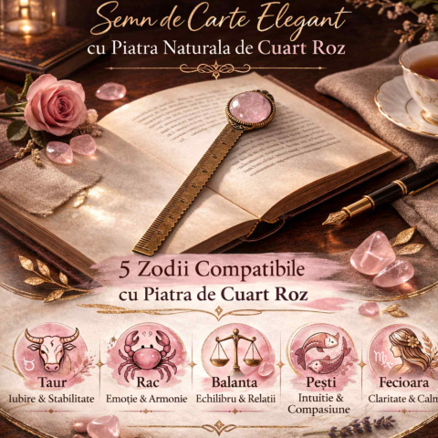 Semn de Carte Elegant cu Piatra Naturala de Cuart Roz si Alama [2]