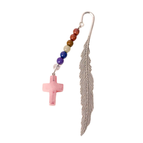 Articole din Cristale pentru Uz Personal - Semn de Carte cu Cruce din Cuart Roz si Pietrele celor 7 Chakre