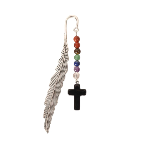 Cristale pe beneficii - Semn de Carte cu Cruce din Obsidian si Pietrele celor 7 Chakre