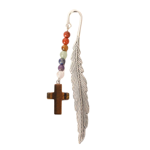 Cristale pe beneficii - Semn de carte cu piatra naturala de Ochi de Tigru, Cruce si 7 Chakre