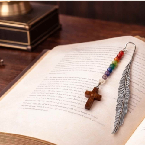 Semn de carte cu piatra naturala de Ochi de Tigru, Cruce si 7 Chakre [4]