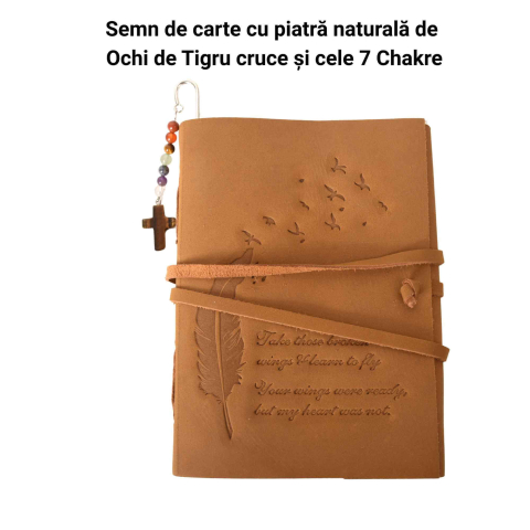 Semn de carte cu piatra naturala de Ochi de Tigru, Cruce si 7 Chakre [1]