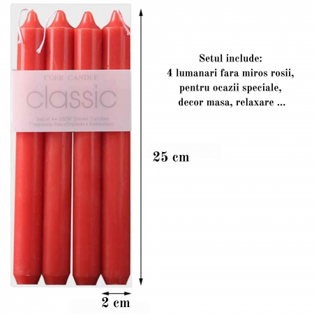 Set 4 Lumanari rosii conice de 25 cm - Lumanari conice fara picurare si fara parfum - Perfecte ca lumanari pentru cina, ocazii speciale [1]