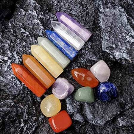Mini Set cu 7 mini pietre semipretioase polisate si 7 cristale semipretioase hexagonale naturale - cristale vindecatoare pentru meditatie, ameliorarea anxietatii, yoga [3]