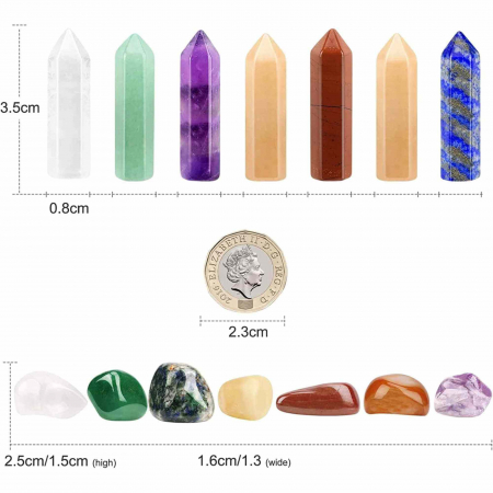 Mini Set cu 7 mini pietre semipretioase polisate si 7 cristale semipretioase hexagonale naturale - cristale vindecatoare pentru meditatie, ameliorarea anxietatii, yoga [2]