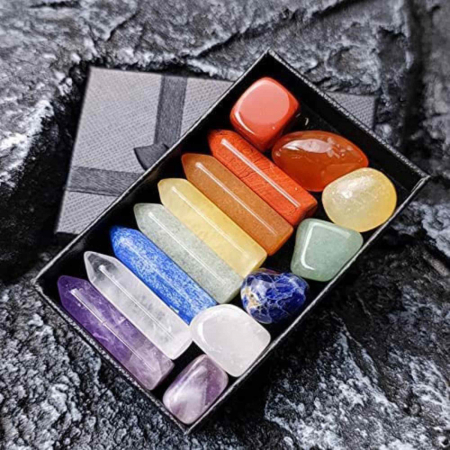 Mini Set cu 7 mini pietre semipretioase polisate si 7 cristale semipretioase hexagonale naturale - cristale vindecatoare pentru meditatie, ameliorarea anxietatii, yoga [4]