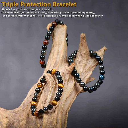 Set 3 Bratari cu Tripla Protectie, Bratara cu Margele de Cristal Vindecator de 8 mm, Bratara din Obsidian Hematit Ochi de Tigru Albastru Rosu pentru Femei si Barbati [4]