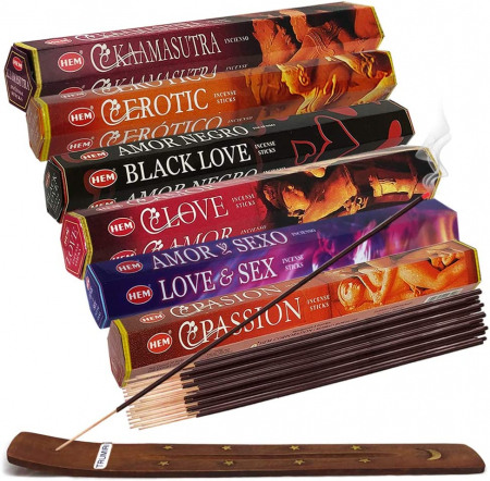 Set 6 pachete mix betisoare parfumate cu cele mai apreciate 6 parfumuri HEM cu tematica dragoste +  suport pentru betisoare