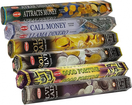 Set 6 pachete mix betisoare parfumate cu cele mai apreciate 6 parfumuri HEM cu tematica bani si noroc +  suport pentru betisoare [5]