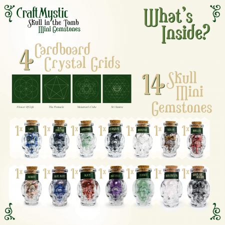 Set 14 Mini Cristale Naturale in sticlute cu forma de craniu – Un cadou perfect pentru incepatori in magie si vindecare spirituala -  Cristale si pietre chakra Wiccan [2]