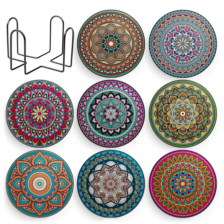 Set 8 suporturi pentru pahare tematica boho mandala si organizator, material ceramica absorbanta cu baza din pluta antiaderenta [1]
