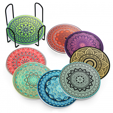 Set 8 suporturi pentru pahare tematica boho mandala deschis si organizator, material ceramica absorbanta cu baza din pluta antiaderenta - Copie [1]