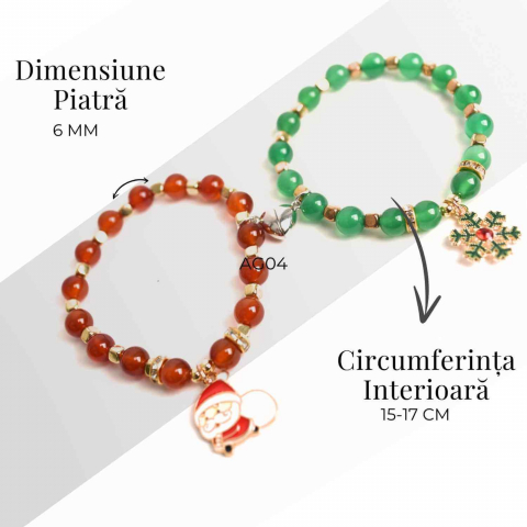 Set bratari cuplu Agat rosu, verde cu accesoriu Mos Craciun si fulg de nea - iubire si protectie [4]