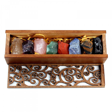 Set 8  pietre semipretioase chakra in cutie de lemn - Cristale reiki de vindecare din piatre naturale brute pentru meditatie, echilibrarea chakrelor sau ritualuri magice [2]