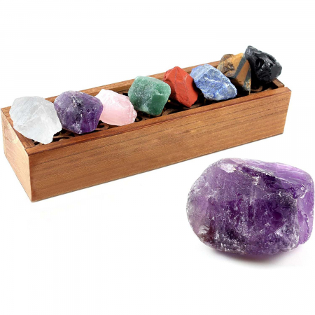Set 8  pietre semipretioase chakra in cutie de lemn - Cristale reiki de vindecare din piatre naturale brute pentru meditatie, echilibrarea chakrelor sau ritualuri magice [3]