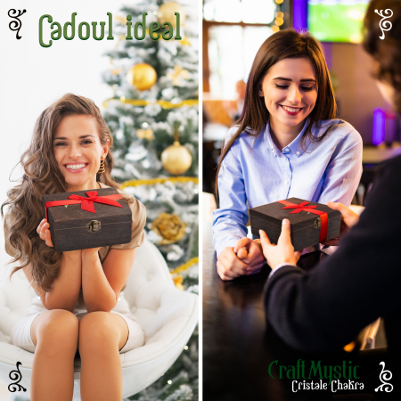 Set cristale premium si pietre semipretioase vindecatoare  in cutie de lemn - 20 piese, turn selenit,  pietre chakre, cristale brute, cluster de ametist, varf de cristal transparent, cuarț trandafir + brosura cu proprietatile cristalelor, ebook despre cristale CraftMystic, saculet negru catifea. [6]