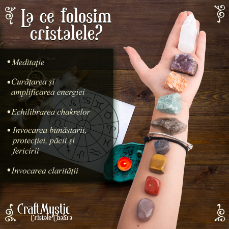 Set cristale premium si pietre semipretioase vindecatoare  in cutie de lemn - 20 piese, turn selenit,  pietre chakre, cristale brute, cluster de ametist, varf de cristal transparent, cuarț trandafir + brosura cu proprietatile cristalelor, ebook despre cristale CraftMystic, saculet negru catifea. [3]