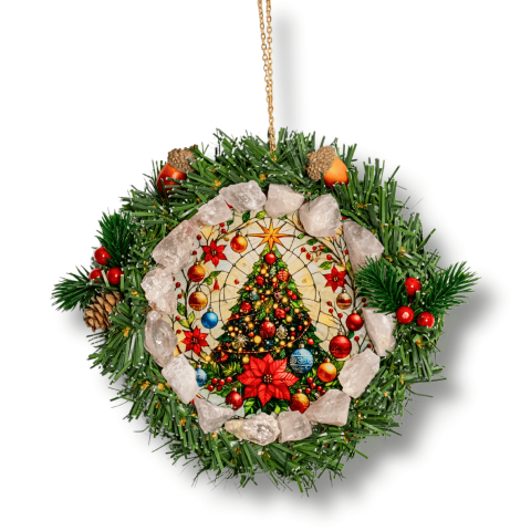 Incredere si Curaj - Coronita de Craciun cu Cuart Roz Brut – Armonie, Iubire si Magie Festiva