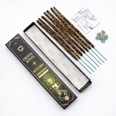 Instrumente și Accesorii Spirituale - Smudge Kit cu Aventurin Verde si Betisoare Parfumate cu Ciocolata pentru Prosperitate si Echilibru