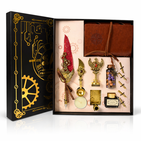 Instrumente și Accesorii Spirituale - Set Stilou Pana Steampunk cu Jurnal si Sigilii | Cadou Premium