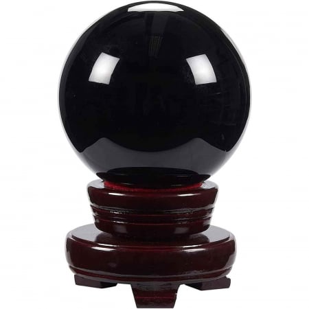Sfera obsidian negru, minge de cristal decorativa, cu suport de lemn -  Pentru decor, meditație, vindecare