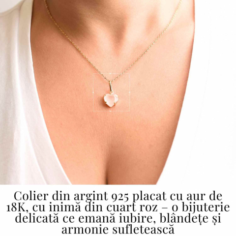 Iubire si Blandete – Colier din Argint 925 Placat cu Aur 18K cu Cuart Roz fatetat in Forma de Inima [1]