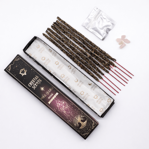 Instrumente și Accesorii Spirituale - Set Smudge cu Cuart Roz si Aroma de Trandafir – Ritual de Curatare Energetica si Echilibru Emotional
