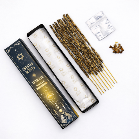Instrumente și Accesorii Spirituale - Smudge Kit cu Ochi de Tigru si Betisoare Parfumate cu Aroma de Vanilie – Protectie si Curaj Interior