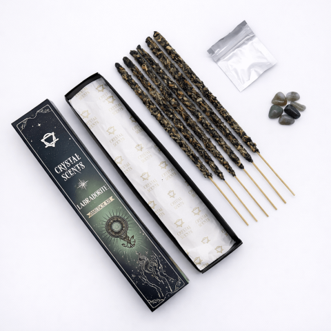 Instrumente și Accesorii Spirituale - Smudge Kit cu Labradorit si Betisoare Parfumate Arruda – Ritual de Protectie Energetica si Claritate Spirituala