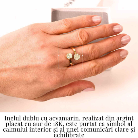 Inel din argint 925 placat cu aur de 18k cu acvamarin brut care aduce calm, claritate si o prezenta linistitoare [1]