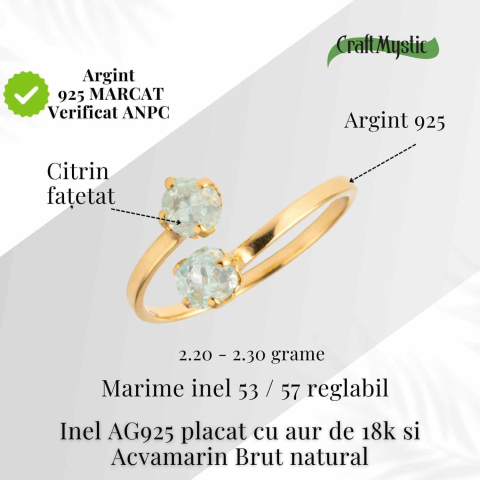 Inel din argint 925 placat cu aur de 18k cu acvamarin brut care aduce calm, claritate si o prezenta linistitoare [3]