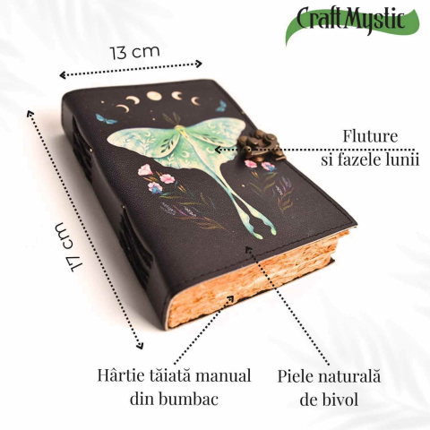 Jurnal din piele naturala cu incuietoare epoca, fazele lunii si fluture – Magie si creativitate [3]