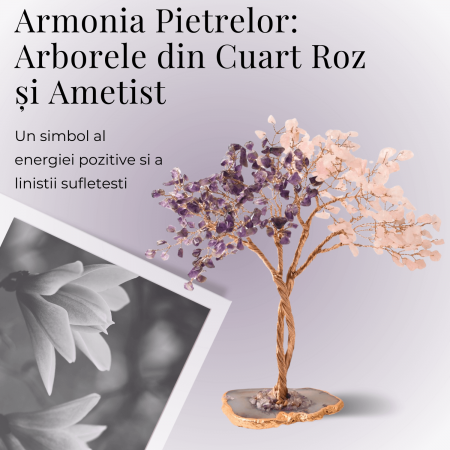 Copacel Decorativ cu Ametist si Cuart Roz pe Baza de Agat - Armonie si Energie - 20 cm, 280 Pietricele [1]