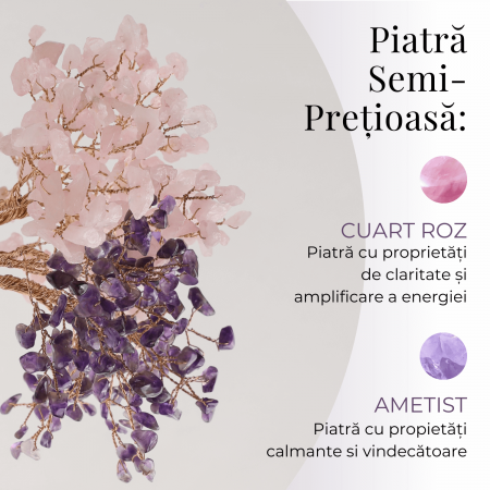 Copacel Decorativ cu Ametist si Cuart Roz pe Baza de Agat - Armonie si Energie - 20 cm, 280 Pietricele [3]