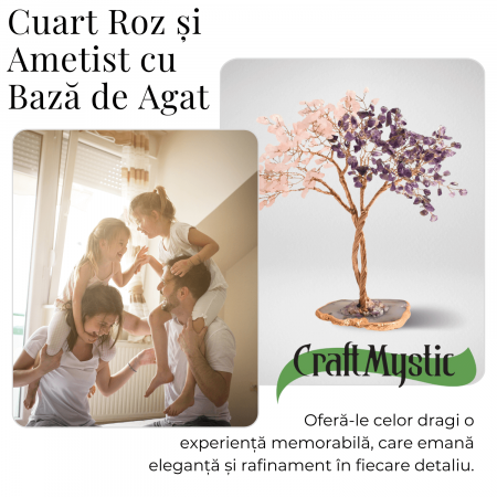 Copacel Decorativ cu Ametist si Cuart Roz pe Baza de Agat - Armonie si Energie - 20 cm, 280 Pietricele [6]