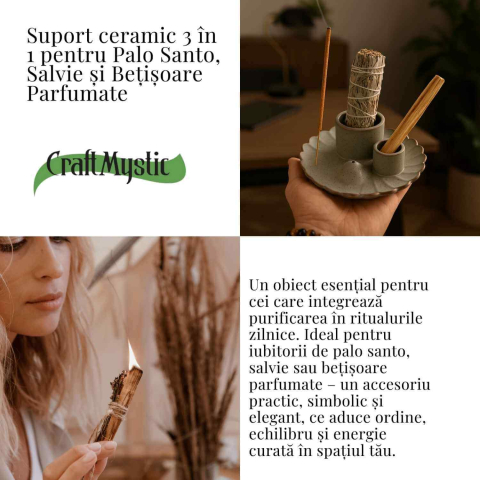 Suport ceramic 3 in 1 pentru salvie, Palo Santo si betisoare parfumate – model rotund [3]