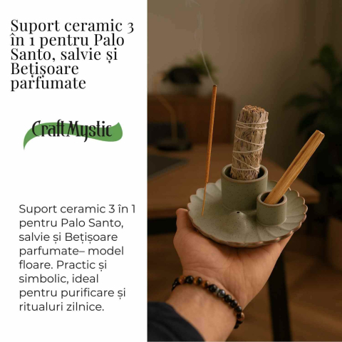 Suport ceramic 3 in 1 pentru salvie, Palo Santo si betisoare parfumate – model rotund [2]