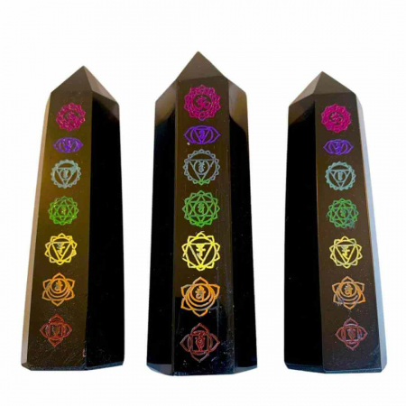 Turn de cristal din Obsidian Negru 9-10 cm cu cele 7 Chakre - Baghetă hexagonală pentru vindecare, reiki și decor pentru casă și birou [4]